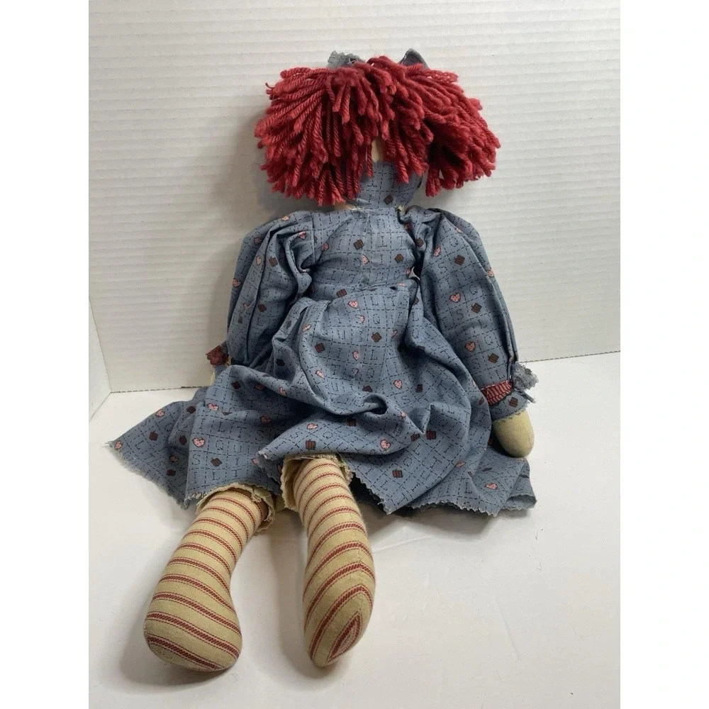 Rag fabric Doll Red Hair Blue Heart Dress Folk Art Vintage 20 Inch Raggedy Ann